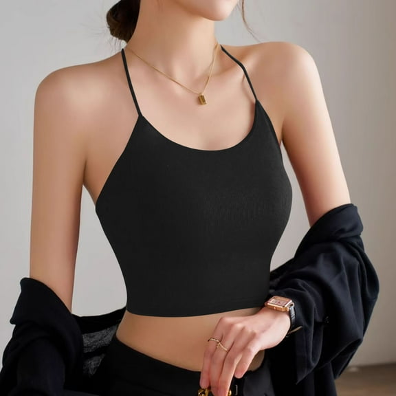 SMihono Women's Sexy Halter Backless Tank Top Bras Going Out Teen Girls Y2k Sleeveless Cropped 2025 Workout Cami Adjustable Black M