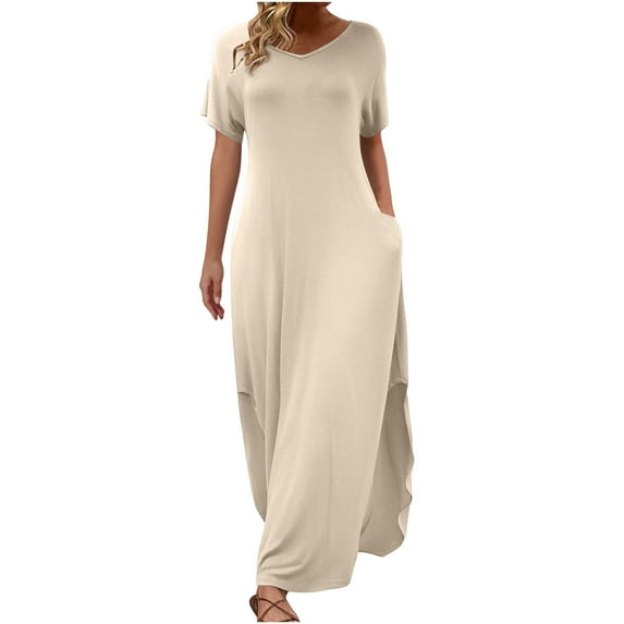 SMihono Women's Short Sleeve Beach Vocation Dresses Solid Color Casual Loose Flowy Maxi Dress 2025 Summer Dress Khaki L