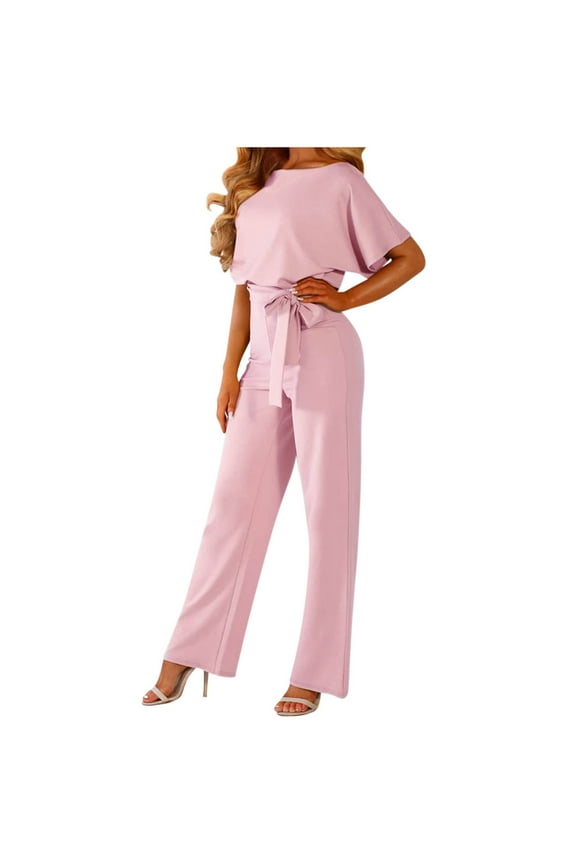 Women's Short Sleeve Solid Colour Bandeau Jumpsuit Pants Fashion Womens Rounk Neck Solid Summer Bandag Short Sleeve Pants Jumpsuit Pink 4
