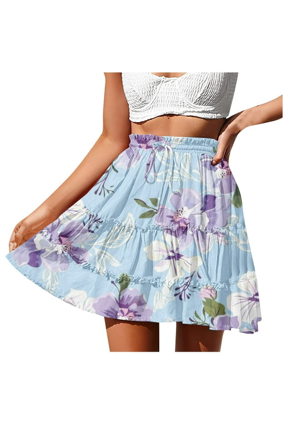 Women's Skirts Tiered Pleated Mini Skirts Boho Casual Skirts Ruffle Flowy Skirts High Waist Drawstring Fashion Skirts Light Blue 14