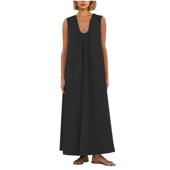 SMihono Women's Sleeveless Maxi Dress Scoop Neck Ruched Long Dress with Side Pockets Wide Shoulder Elegant Blouse Dresses Black L