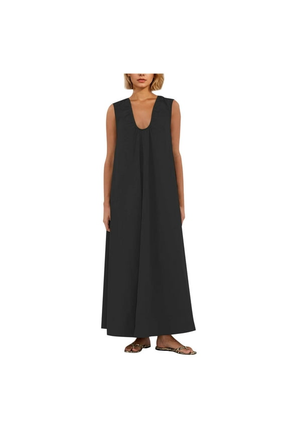 Women's Sleeveless Maxi Dress Scoop Neck Ruched Long Dress with Side Pockets Wide Shoulder Elegant Blouse Dresses Black XXL