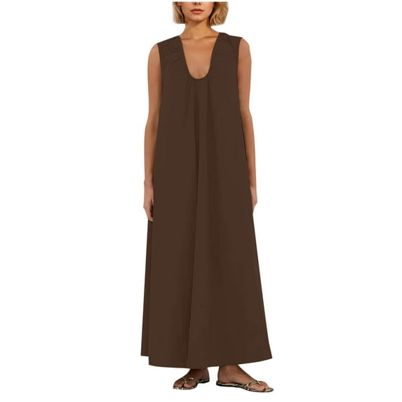 SMihono Women's Sleeveless Maxi Dress Scoop Neck Ruched Long Dress with Side Pockets Wide Shoulder Elegant Blouse Dresses Brown M