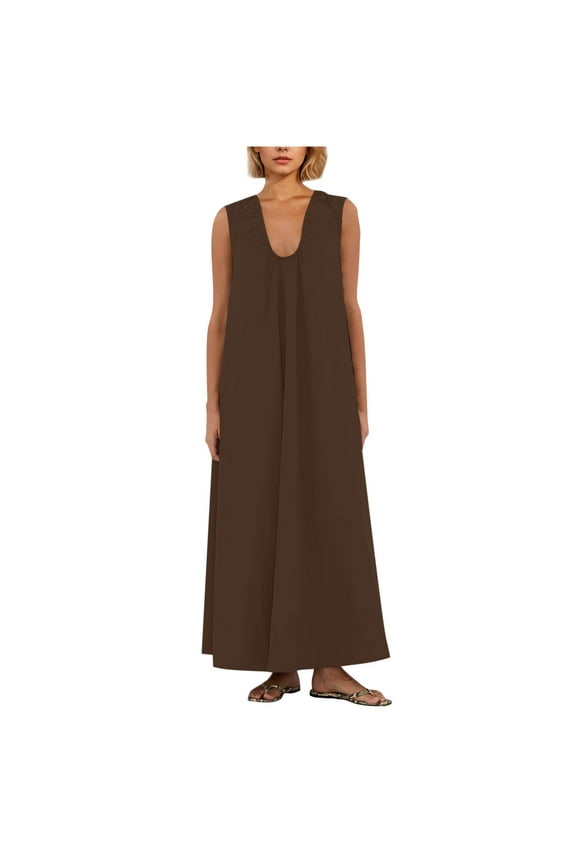 Women's Sleeveless Maxi Dress Scoop Neck Ruched Long Dress with Side Pockets Wide Shoulder Elegant Blouse Dresses Brown XXL