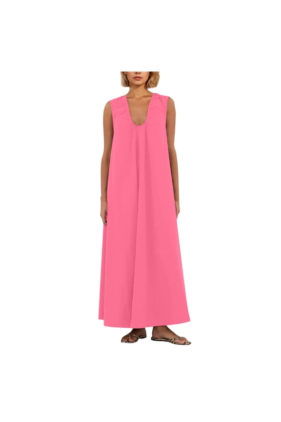 Women's Sleeveless Maxi Dress Scoop Neck Ruched Long Dress with Side Pockets Wide Shoulder Elegant Blouse Dresses Hot Pink S