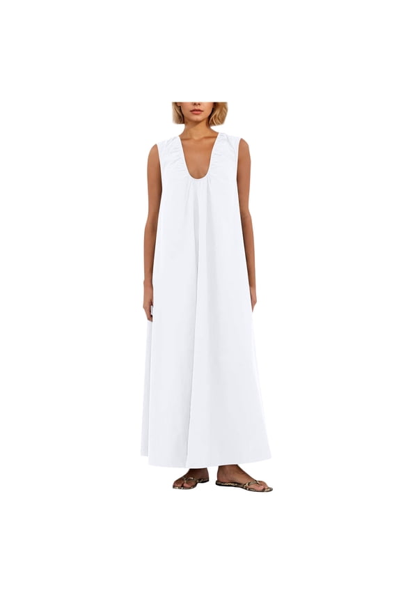 Women's Sleeveless Maxi Dress Scoop Neck Ruched Long Dress with Side Pockets Wide Shoulder Elegant Blouse Dresses White S