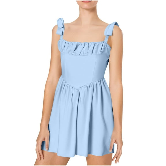 SMihono Women's Sleeveless Tie Strap Mini Dress Summer Square Neck Smocked A Line Swing Cocktail Short Graduation Dresses Blue M