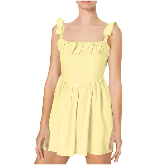 SMihono Women's Sleeveless Tie Strap Mini Dress Summer Square Neck Smocked A Line Swing Cocktail Short Graduation Dresses Yellow S