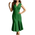 thumbnail image 1 of SMihono Women's Sleeveless V-Neck Fishtail Midi Dress Wrap Ruched Solid A-line High Waist Bodycon Mermaid Dresses Elegant Green L, 1 of 9
