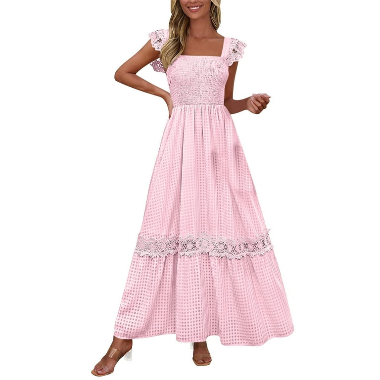SMihono Women's Smocked Summer Maxi Dresses 2025 Ruffle Cap Sleeve Square  Neck Lace Detail Flowy Sundress with Pockets Pink XXL - Walmart.com