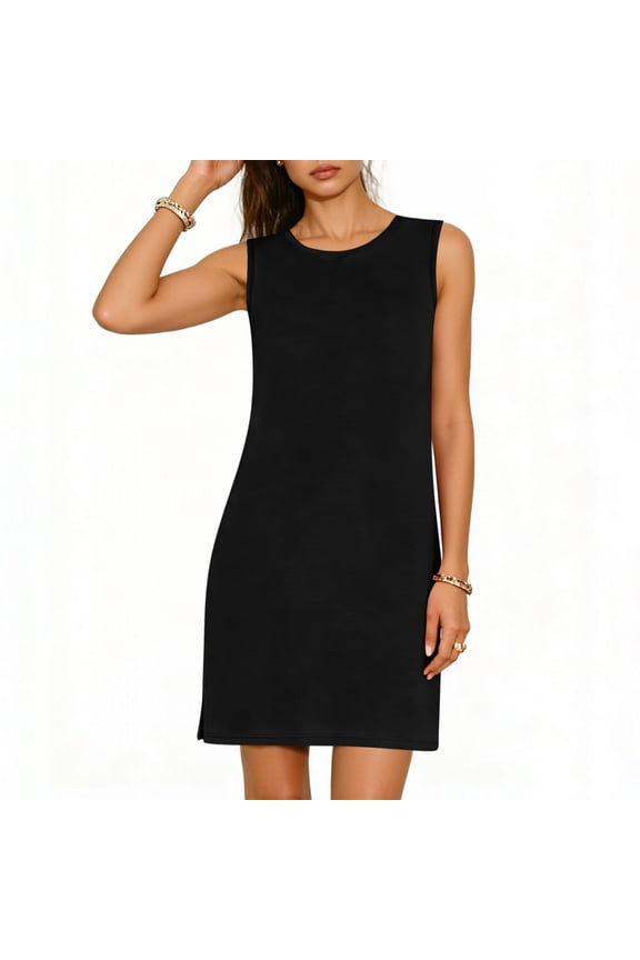 Women's Split Side Sleeveless Summer Mini Dress, Versatile Basic Solid Loose Crew Neck Workout Casual T-shirt Dresses Black XXL