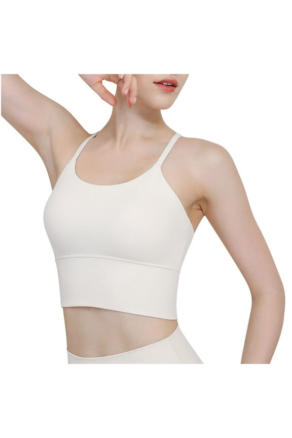 Women's Sports Bras Longline Scoop Neck Gym Workout Push-Up Yoga Bra Seamless Solid Spaghetti Strap Crop Tank Top White 4