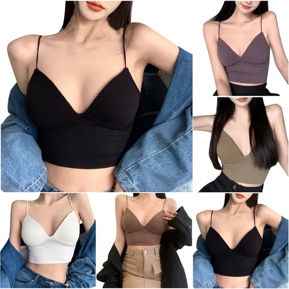 SMihono Women's Sports Bras Tank Top Medium Support Seamless Plunging Bra Camisole Everyday Ribbed Knit Wireless Sleep Bra Black Free Size