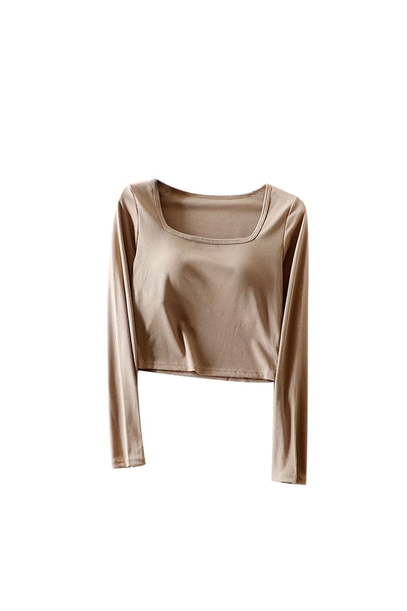 Women's Square Neck Long Sleeve Crop Top Basic Solid T-Shirt Ribbed Knit Slim Fit Pullover Shirt Khaki 4