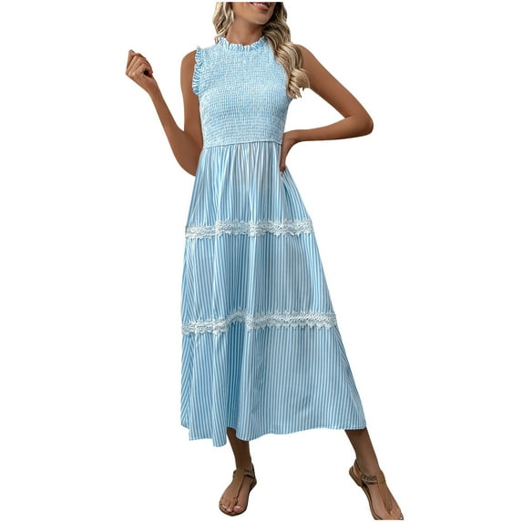 SMihono Women's Stringy Selvedge Sleeveless Striped Smocking Tiered Maxi Dress Fashion Wooden Ear Patterned High Neck Dress Blue XL