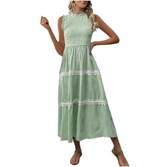 SMihono Women's Stringy Selvedge Sleeveless Striped Smocking Tiered Maxi Dress Fashion Wooden Ear Patterned High Neck Dress Green M