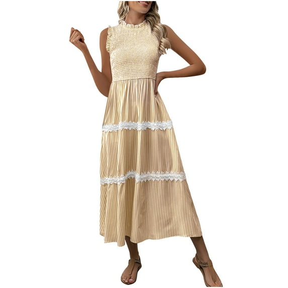 SMihono Women's Stringy Selvedge Sleeveless Striped Smocking Tiered Maxi Dress Fashion Wooden Ear Patterned High Neck Dress Yellow L
