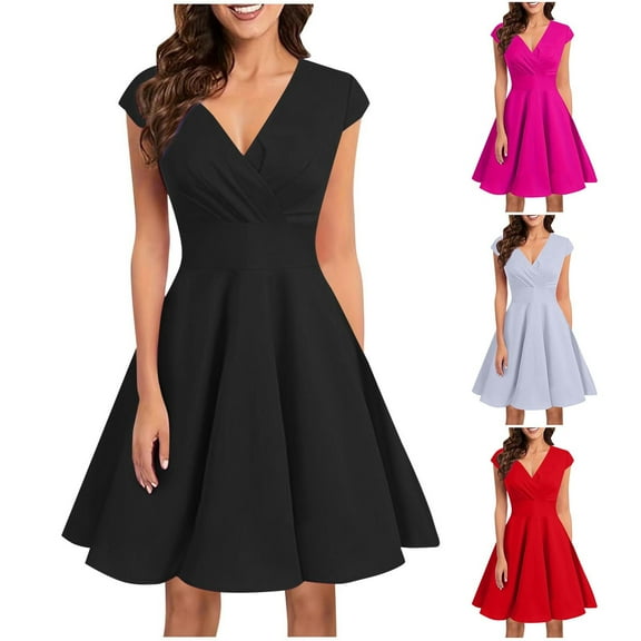 SMihono Women's Summer 1950s Vintage Dress Wrap V Neck Cap Sleeve Swing Cocktail Party Dress Satin A-Line Flared Midi Dress Black L