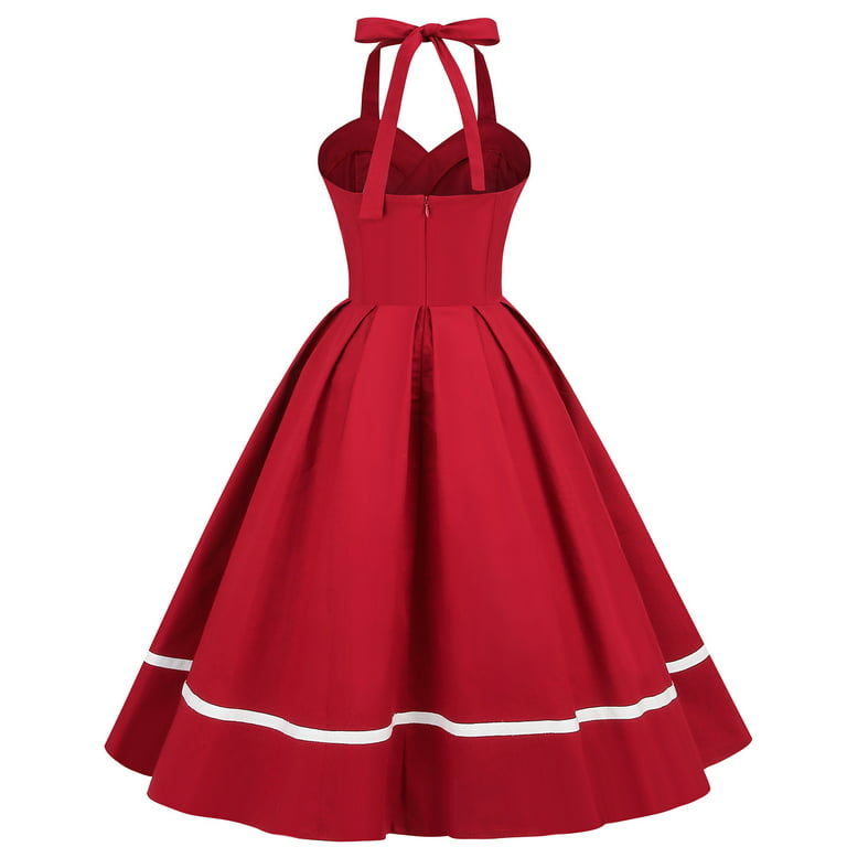 SMihono Women's Summer A-line Long Slip Party Dresses Wrap Buttons Solid  Sundress Bow Tie Halter Babydoll Pleated Big Swing High Waist Ball Gown  Smocked Plus Size Sleeveless Prom Dress Red 10 
