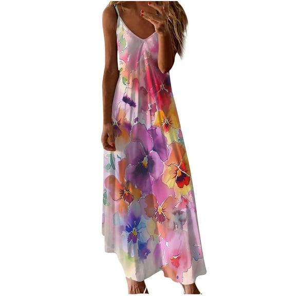 SMihono Women's Summer Beach Maxi Dress Floral Printed Spaghetti Strap V-Neck Loose Long Dresses A-Line Sundress with Pockets Pink 12