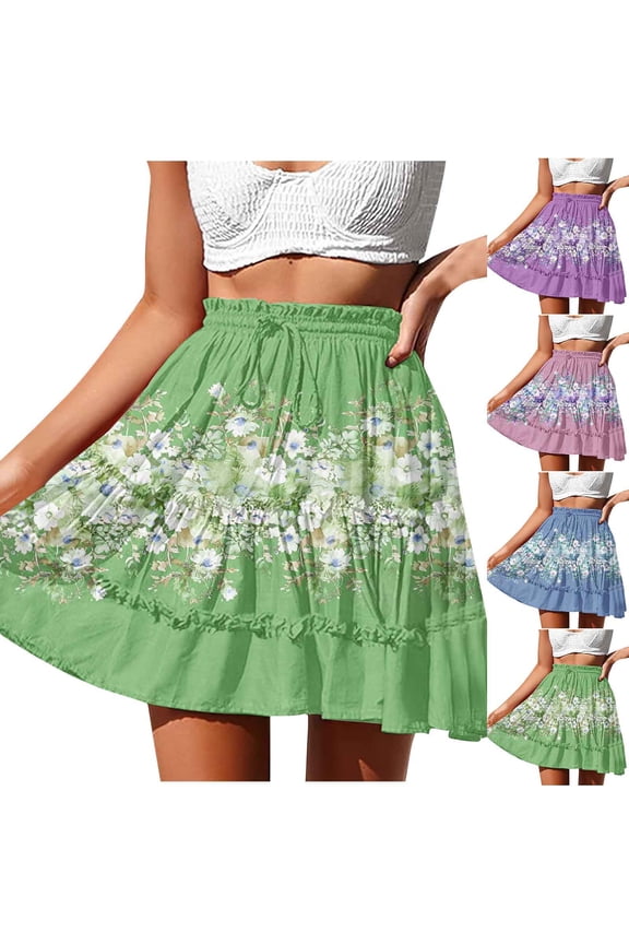 Women's Summer Boho Floral Print Mini Skirt High Waist Drawstring Tiered Skirts Summer Ruffle Skater Blue 14
