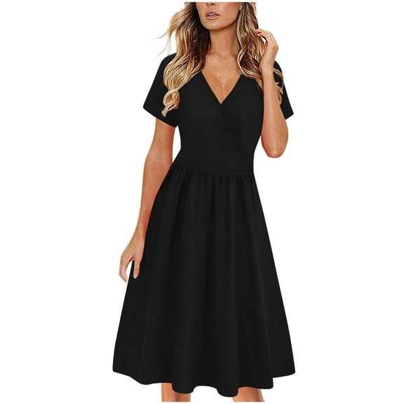 SMihono Women's Summer Casual Dress Short Sleeve Wrap V-Neck A-Line Dress Sundress Wedding Guest Cocktail Midi Dresses Black S
