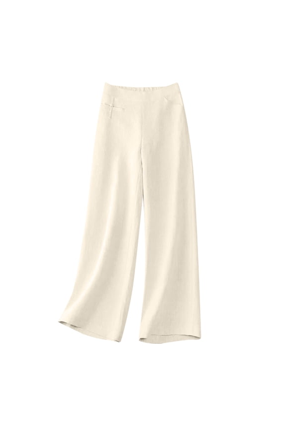 Women's Summer Casual Elasticated Waist Disc Button Cotton & Linen Pocket Trousers Beige 8