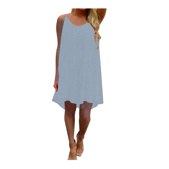 SMihono Women's Summer Chiffon Beach Short Dress Spaghetti Strap Back Howllow Out Smocked Pastel Maternity Trendy Plus Size Sleeveless Prom Dress Solid Sundress Sling Crew Neck Babydoll Blue XL