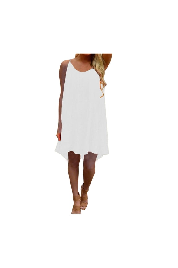 Women's Summer Chiffon Beach Short Dress Spaghetti Strap Back Howllow Out Smocked Pastel Maternity Trendy Plus Size Sleeveless Prom Dress Solid Sundress Sling Crew Neck Babydoll White XL