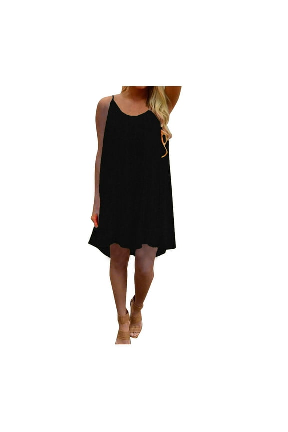 Women's Summer Chiffon Beach Short Dress Spaghetti Strap Back Howllow Out Smocked Pastel Maternity Trendy Plus Size Sleeveless Prom Dress Solid Sundress Sling Crew Neck Babydoll Black XXXL