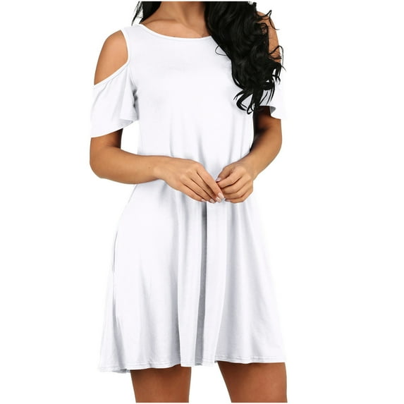 SMihono Women's Summer Cocktail Casual Dress Above Knee Solid Sundress Crew Neck Babydoll Pleated Swing Loose Fit Smocked Pastel Trendy Plus Size Off Shoulder Short Sleeve Prom Dress White 6