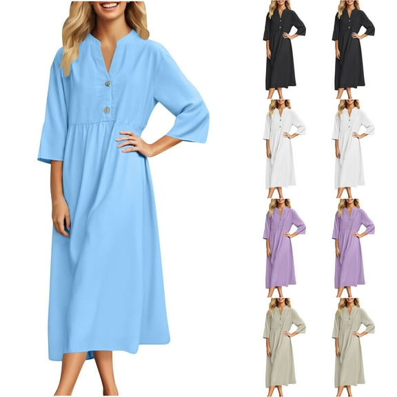 SMihono Women's Summer Cotton Button Down Short Sleeve Maxi Dress with Pockets Casual Loose V-Neck Plus Size Flowy High Waist Dresses Black XXL