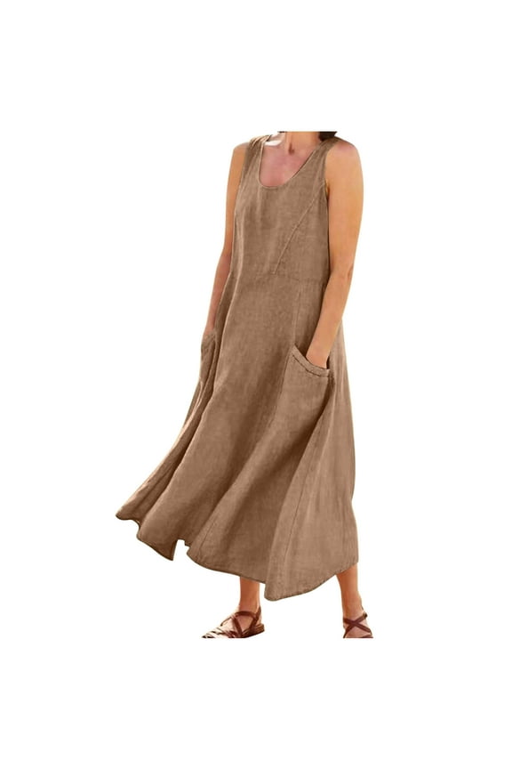 Women's Summer Cotton Linen Long Dress Sleeveless Elegant Flowy Dresses Plus Size Loose Comfy Dress with Pockets Khaki XXXL