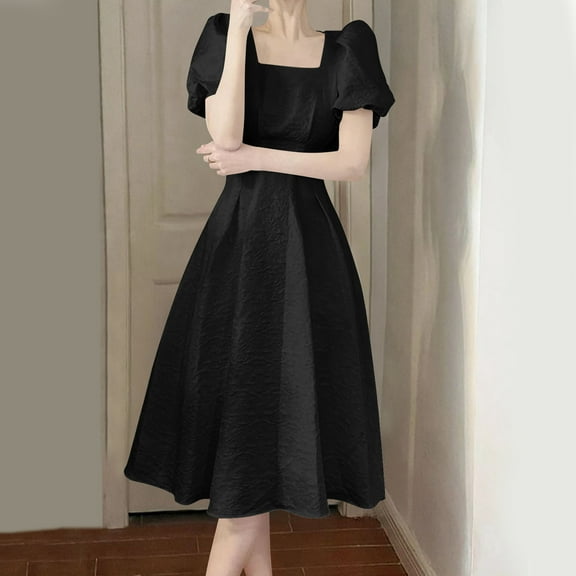 SMihono Women's Summer Dress Square Neck Waist Cinching Slimming Fit Short Sleeve Puff Sleeve Ruffle Midi Dress Black XXL