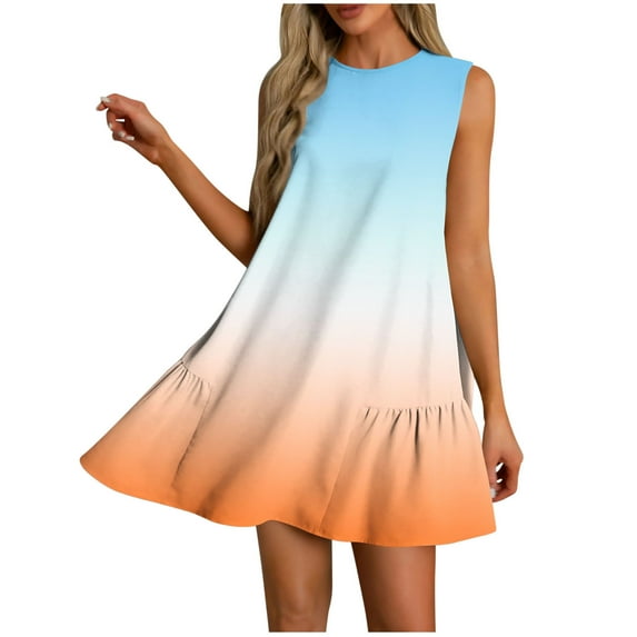 SMihono Women's Summer Dresses 2025 Beach Casual Sleeveless Tank Dress Side Pleated Hem Gradient Print Loose Sundress with Pocket Orange XXL