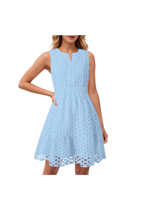 Women's Summer Dresses 2025 Sleeveless V Neck Eyelet Hollow Out Swing A Line Beach Vacation Sun Dress Light Blue M