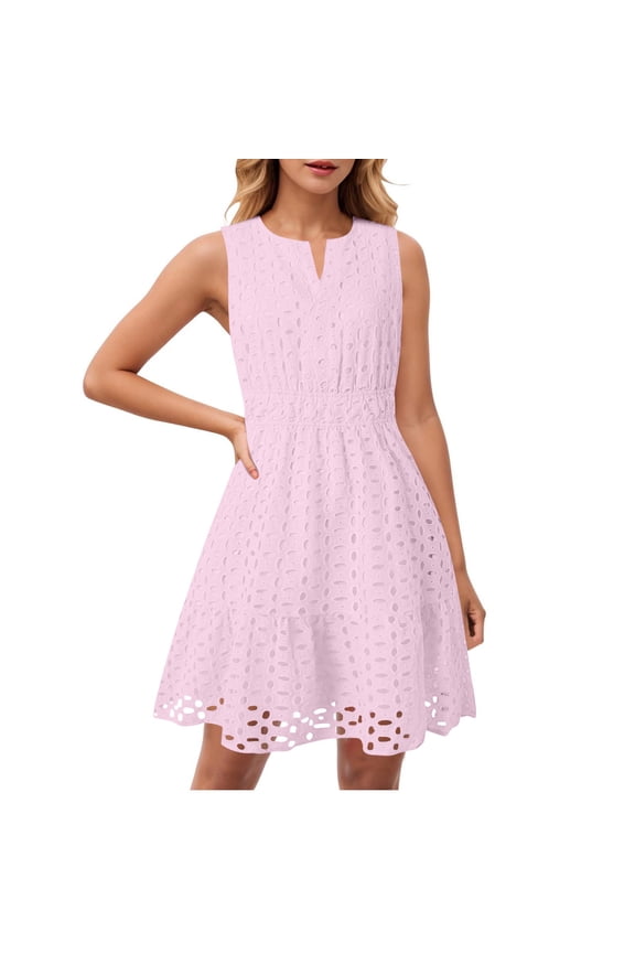 Women's Summer Dresses 2025 Sleeveless V Neck Eyelet Hollow Out Swing A Line Beach Vacation Sun Dress Pink S