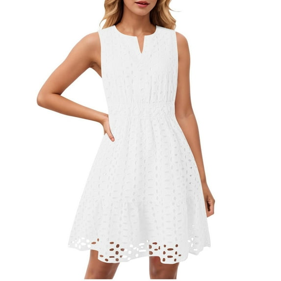 SMihono Women's Summer Dresses 2025 Sleeveless V Neck Eyelet Hollow Out Swing A Line Beach Vacation Sun Dress White S