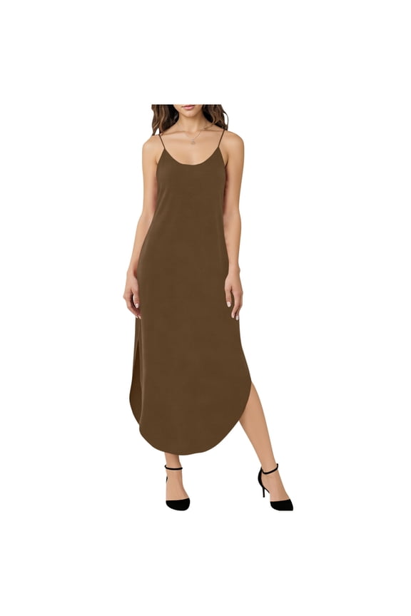 Women's Summer Fashion Dress Sleeveless Long Nightdress Scoop Neck Full Slip Nightshirt Loungewear Sleepdress Brown S