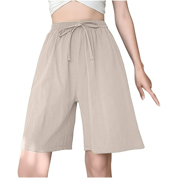 SMihono Women's Summer Fashion Loose Casual Quarter Pants With Pockets Wide Leg Cargo Pants Comfy House Wear Stretchy Beach Shorts Plus Size Elastic Waist Capris Khaki 8