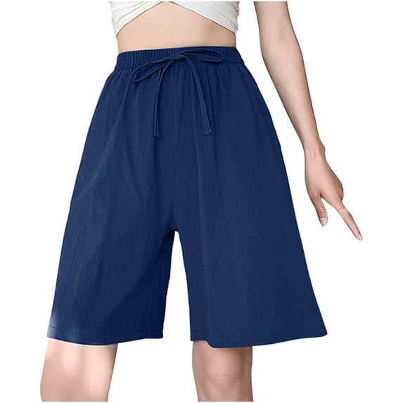 SMihono Women's Summer Fashion Loose Casual Quarter Pants With Pockets Wide Leg Cargo Pants Comfy House Wear Stretchy Beach Shorts Plus Size Elastic Waist Capris Navy 8