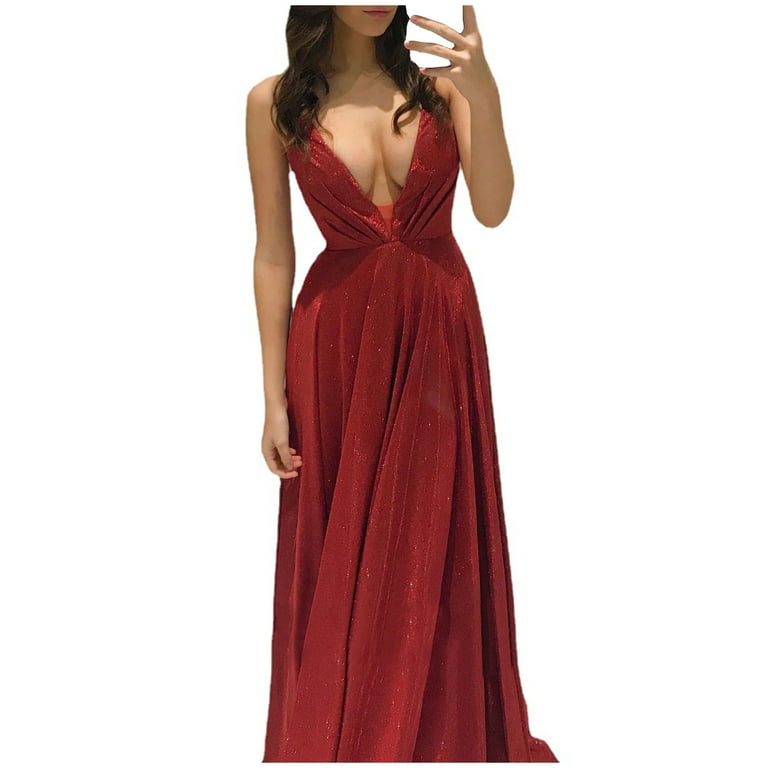 Cheap Women Dress Pleated Long Wine Red Elegant Slit High Collar Slim Fit  Sleeveless Maxi Outfits Plus Size Evening Party Shiny Gowns