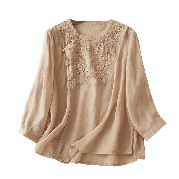 SMihono Women's Summer Floral Embroidered 3/4 Sleeve Linen Cotton Tunic Tops Loose Fit Blouse Shirts Plus Size Khaki Green Pink Pink 10