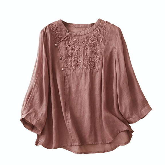 SMihono Women's Summer Floral Embroidered 3/4 Sleeve Linen Cotton Tunic Tops Loose Fit Blouse Shirts Plus Size Khaki Green Pink Purple 8
