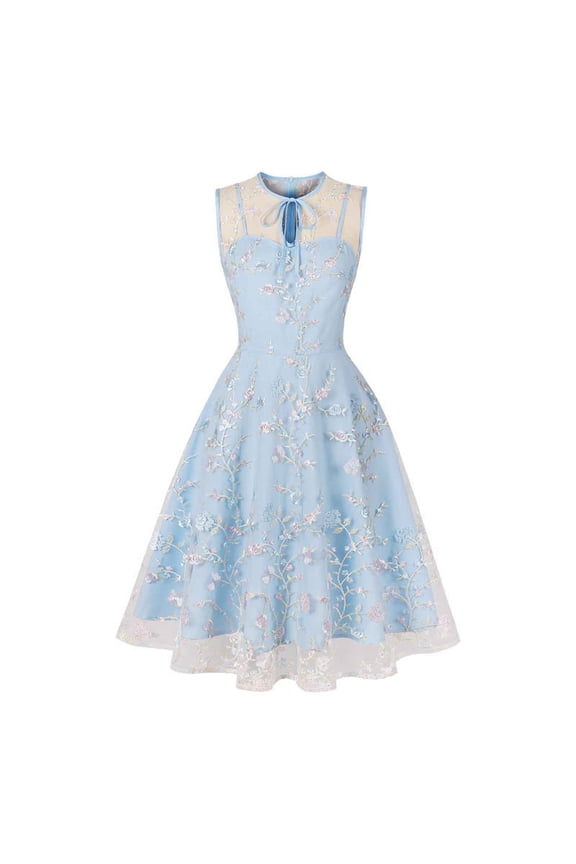 Women's Summer Floral Embroidered Mesh Vintage 1950s Retro Hepburn Cocktail Party Dress Blue Elegant A-Line Swing Dress Blue 8