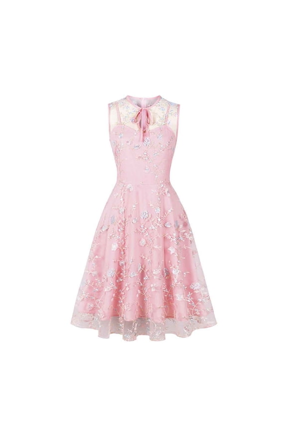 Women's Summer Floral Embroidered Mesh Vintage 1950s Retro Hepburn Cocktail Party Dress Blue Elegant A-Line Swing Dress Pink 10