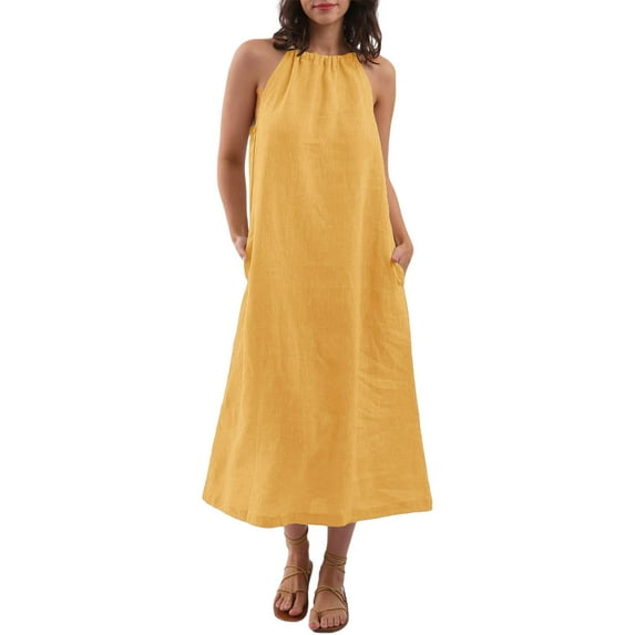SMihono Women's Summer Halter Linen Maxi Dress Elegant Tie Back Minimalist Sleeveless Loose A-line Dresses with Pockets Yellow L