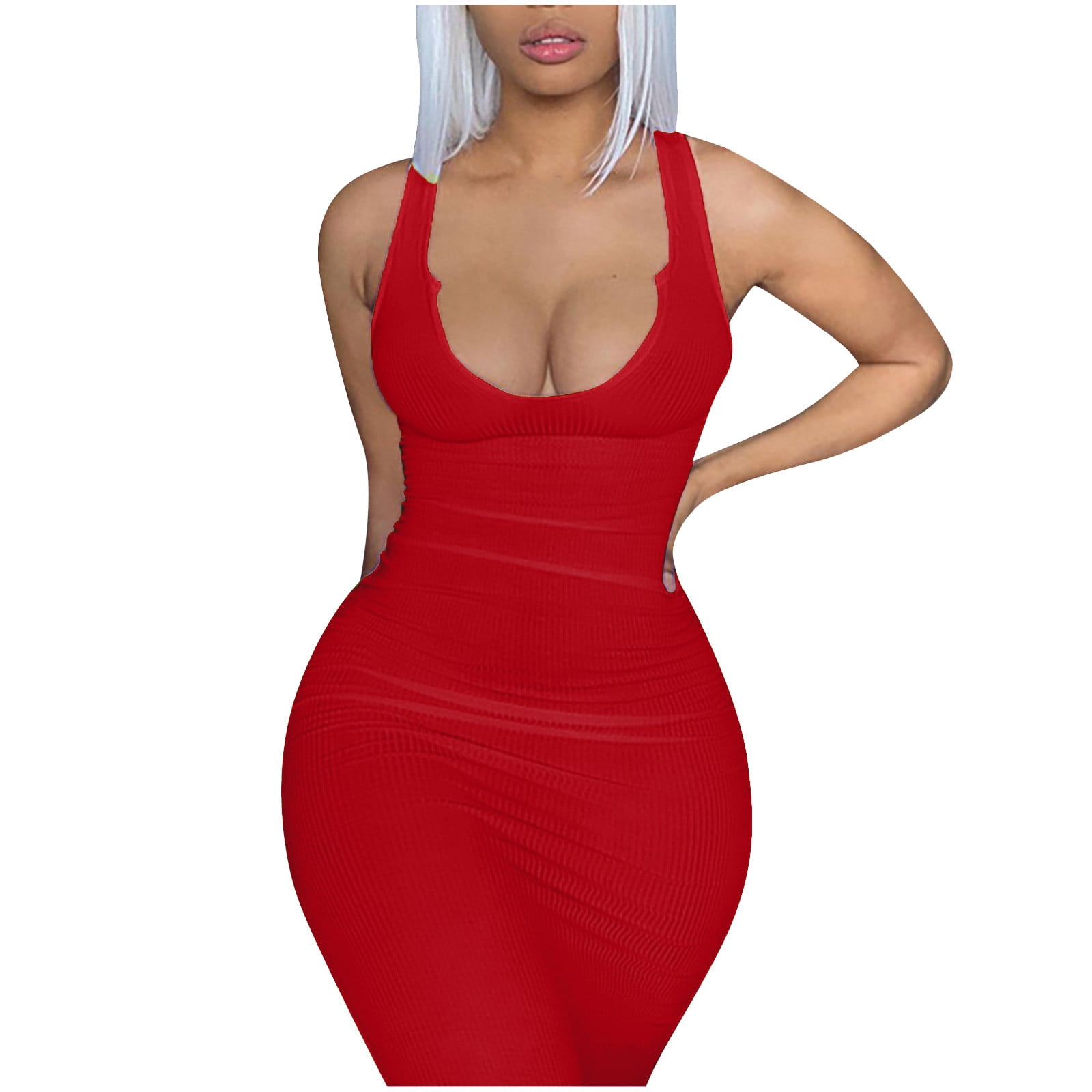 SMihono Women's Summer Long Bodycon Ribbed Party Club Dresses Sleeveless  Prom Dress Solid Sundress Sexy Deep V Neck Babydoll Slim Fit Hip Wrap Slip  Dresses Smocked Trendy Plus Size Red 4 