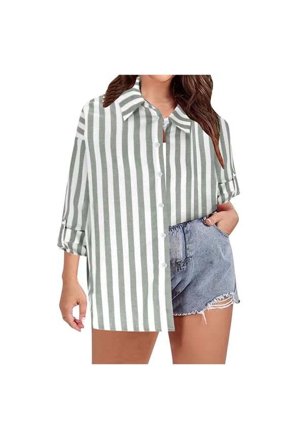 Women's Summer Loose Button Down Shirts Striped Long Sleeve Collared Blouse Tops Tunic Oversized Shirt Dress Plus Size Clothing Green 12
