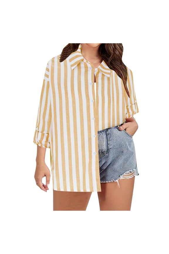 Women's Summer Loose Button Down Shirts Striped Long Sleeve Collared Blouse Tops Tunic Oversized Shirt Dress Plus Size Clothing Yellow 12
